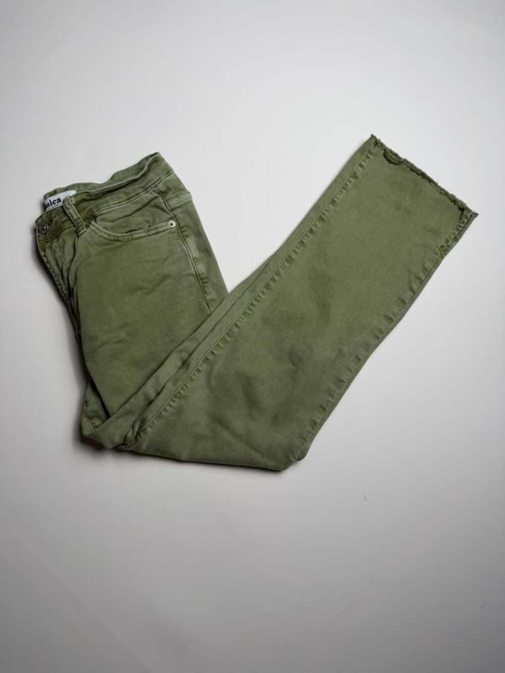 Mica Women’s Olive Cropped Raw Hem Denim Straight Leg Bottom Slit Pants Size 28